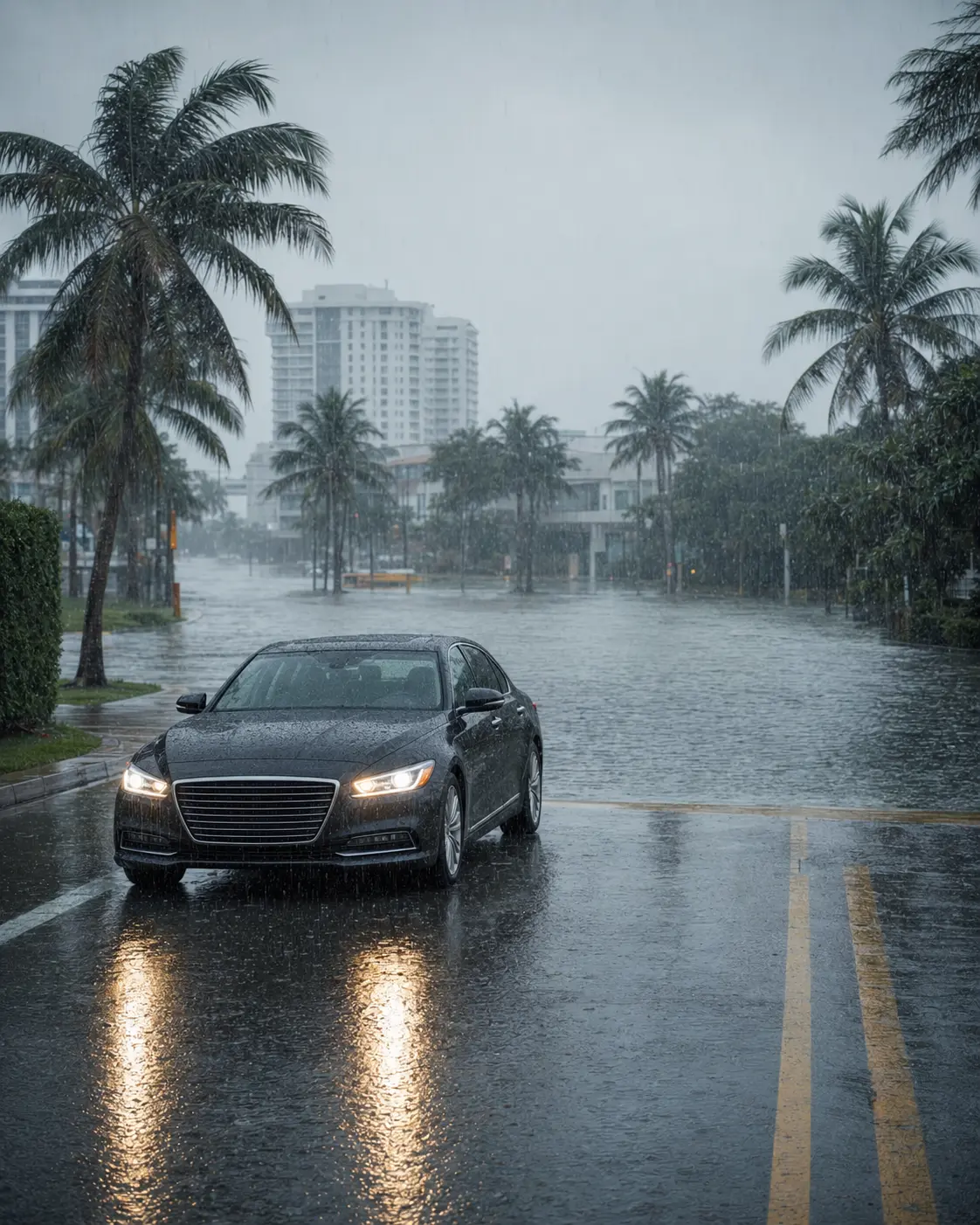 Car driving through heavy rain in South Florida