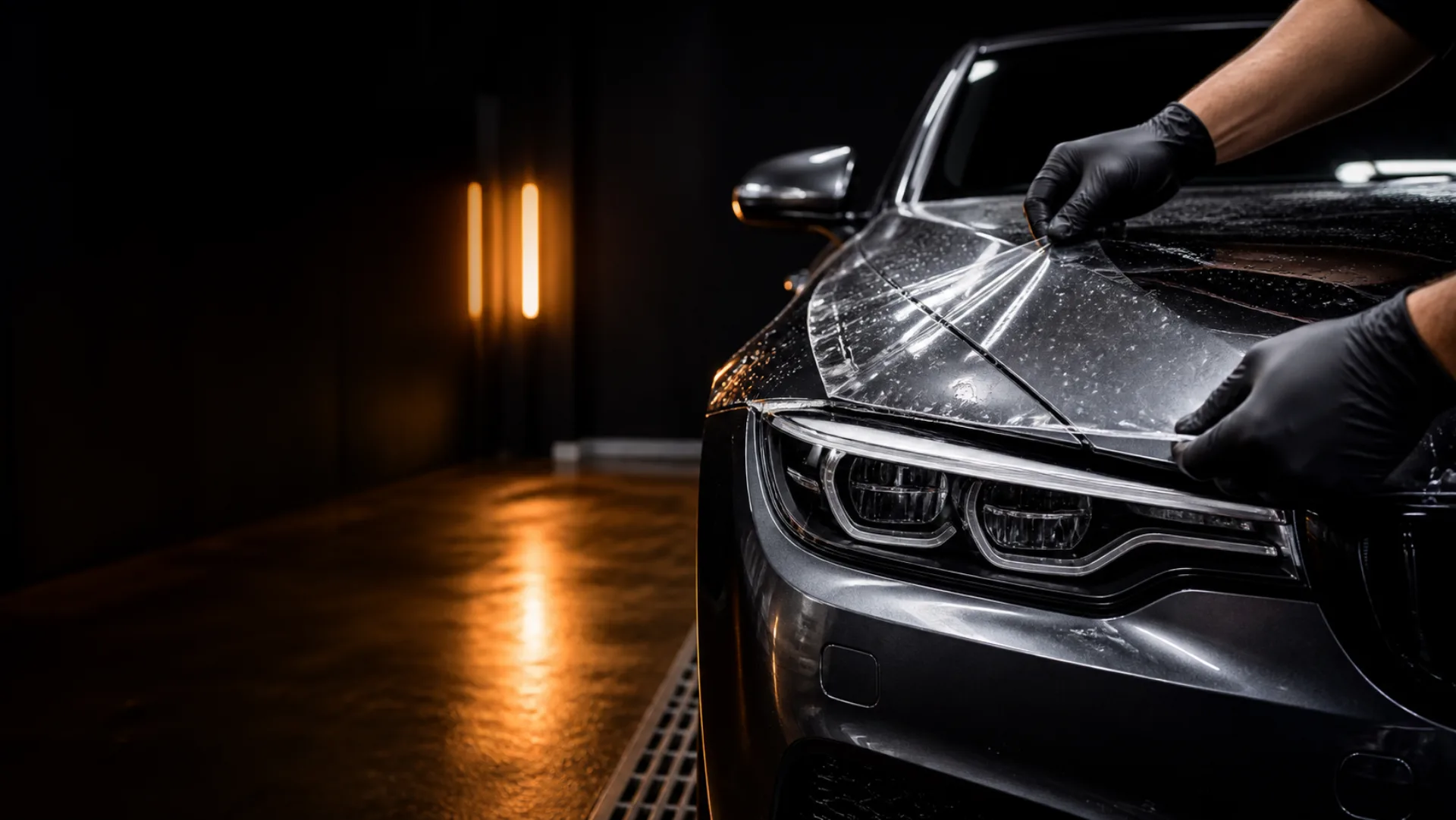 Illustration of clear paint protection film on an automotive body panel