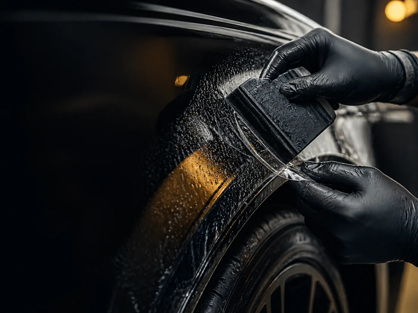 Illustrative close-up of transparent paint protection film installation