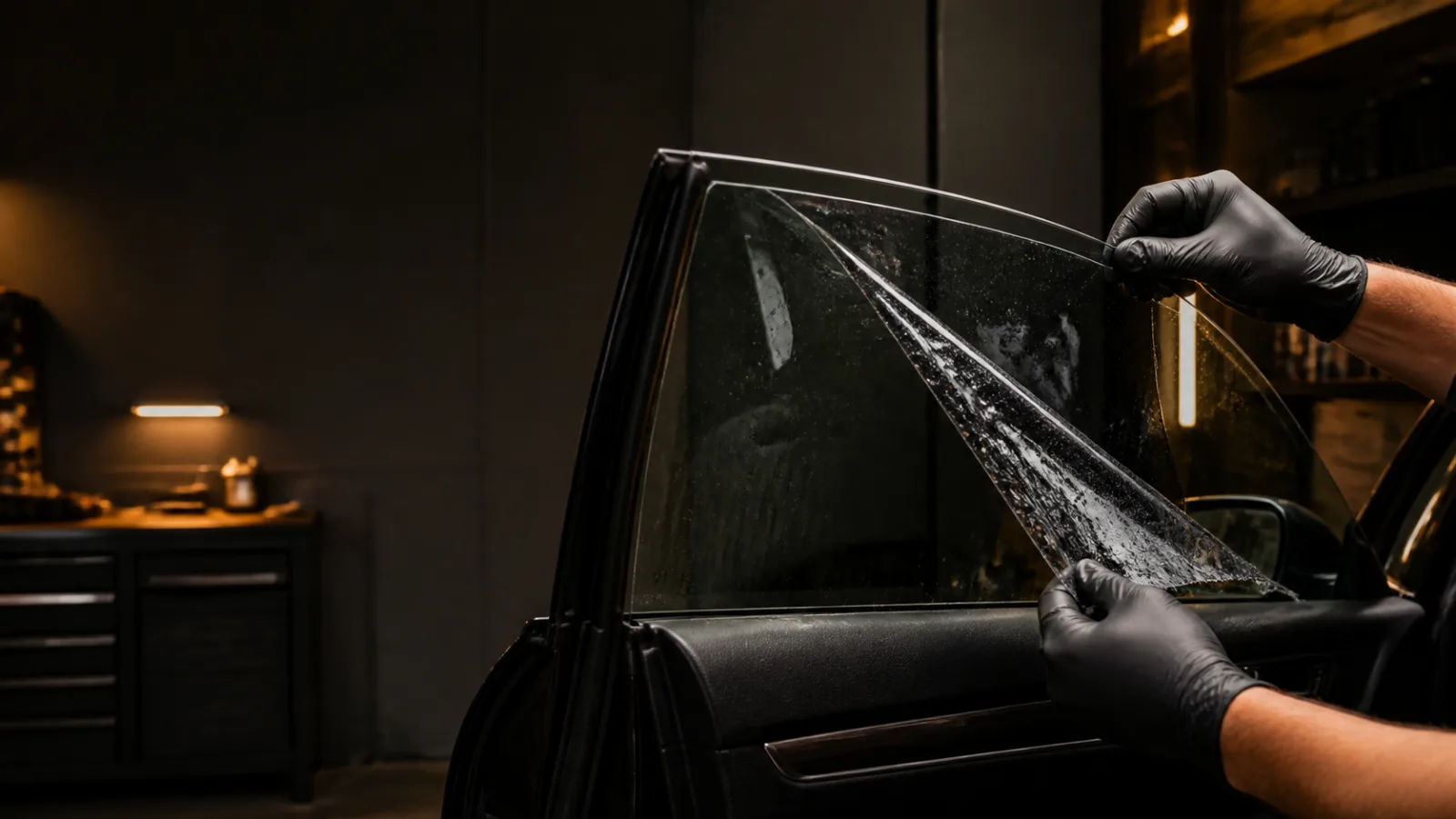 Illustration of old automotive side-window film being removed
