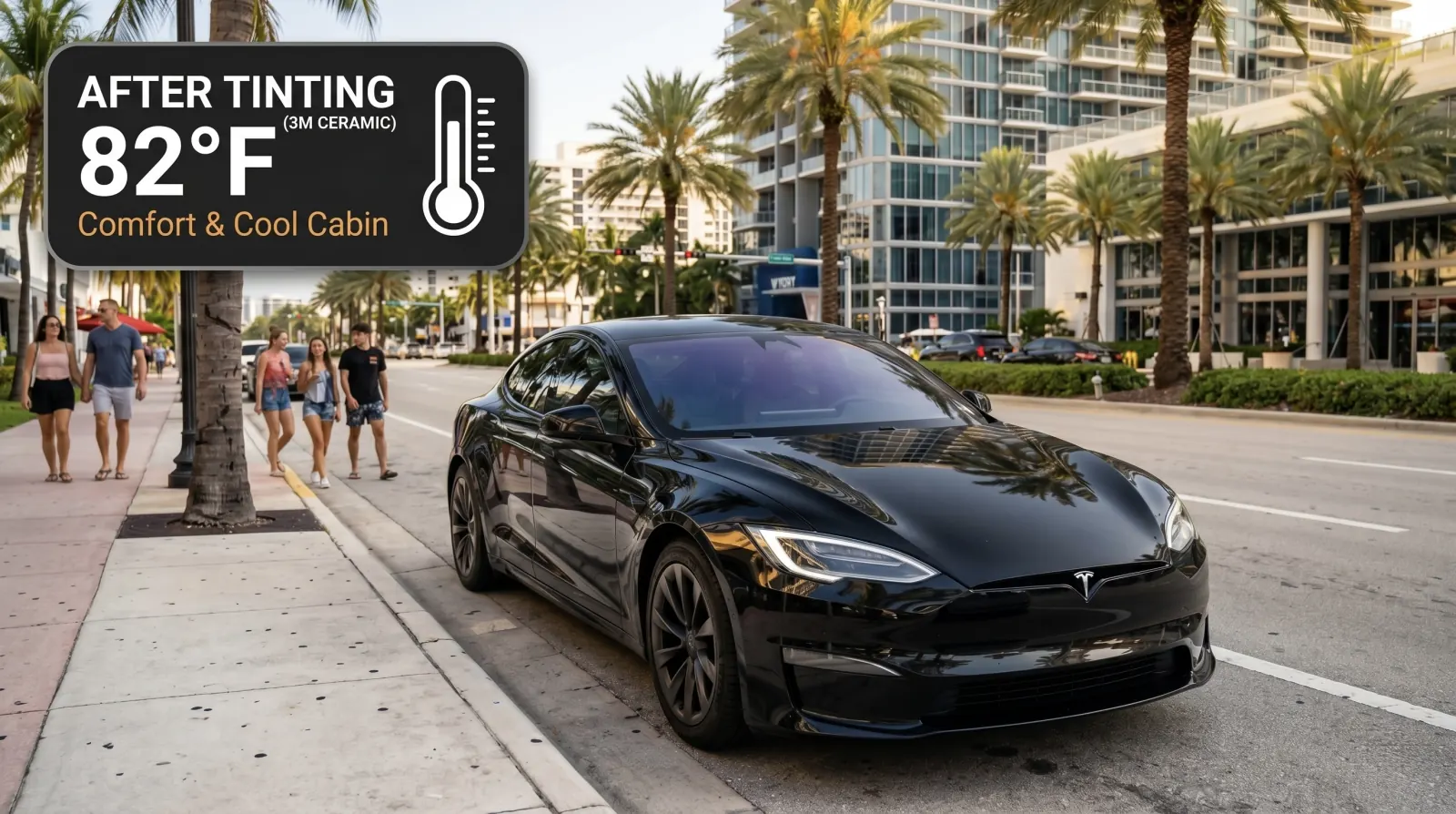 Tesla after ceramic window tint — heat concept illustration
