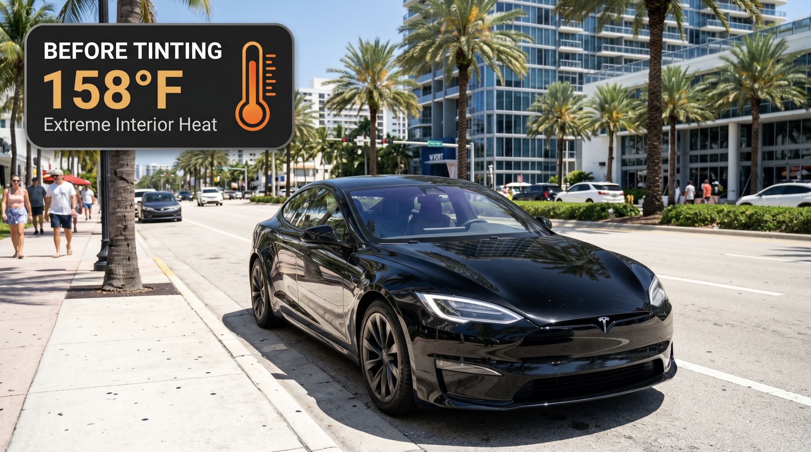 Tesla Model S before ceramic tint — 158°F interior heat