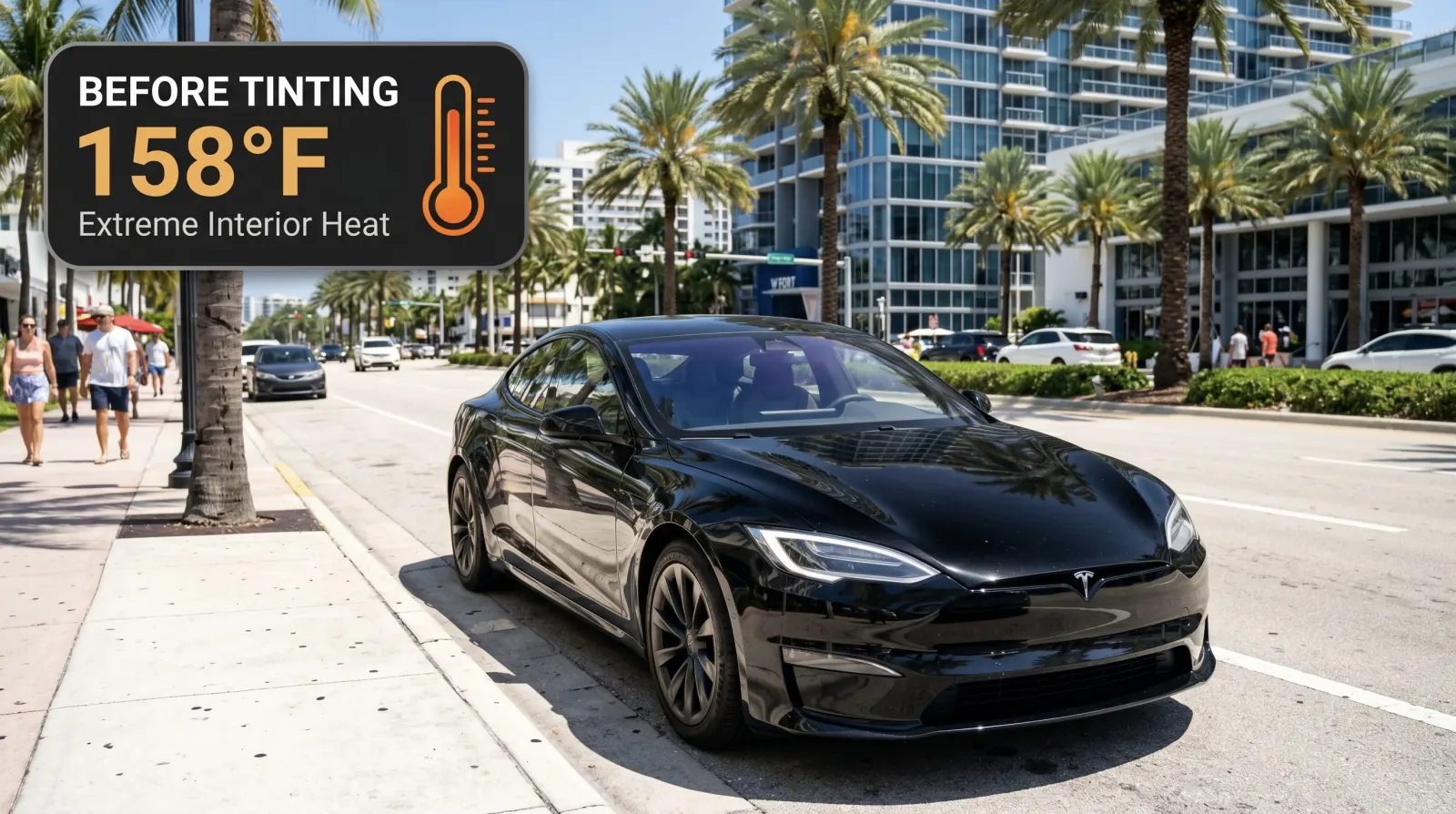 Tesla before ceramic window tint — heat concept illustration
